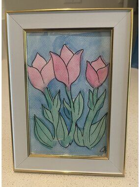 Original Signed Tulip Watercolor Painting Framed Cottagecore Botanical Art NEW